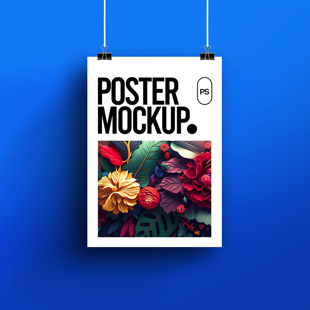 Hanging Poster Mockup with Blue Background